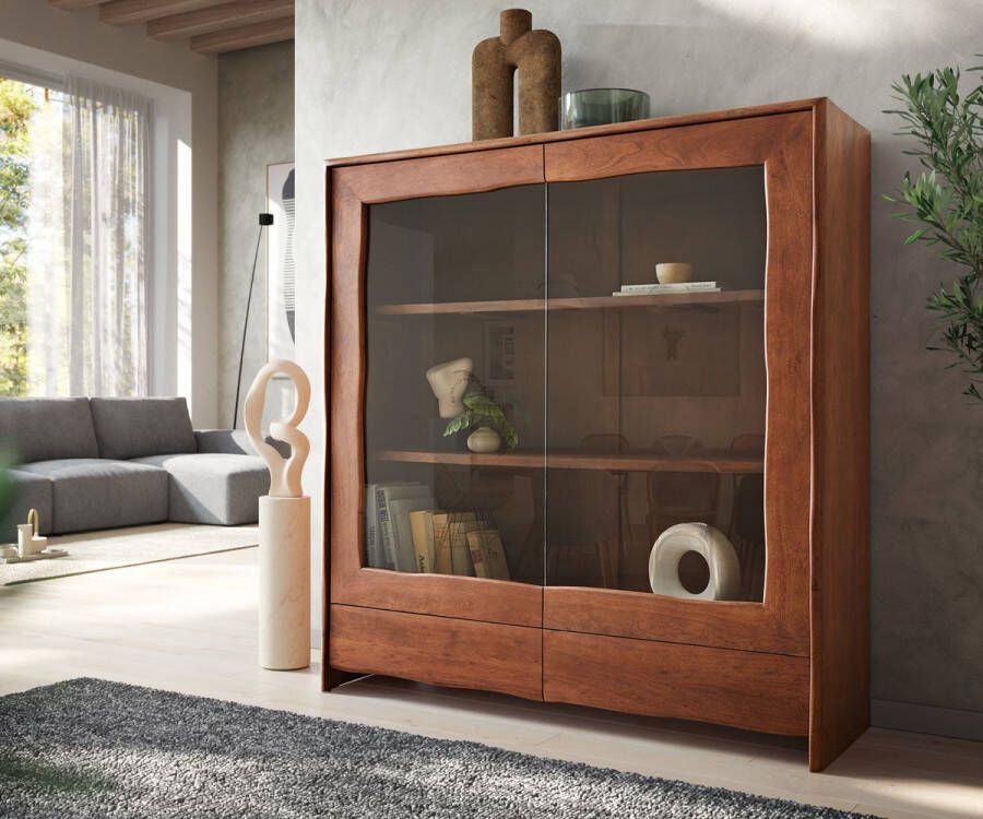 DELIFE Vitrinekast Live-Edge acacia bruin 140x150 cm 2 deuren 2 laden massief Highboard