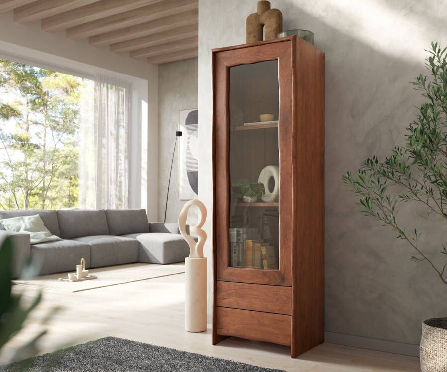 DELIFE Vitrinekast Live-Edge acacia bruin 60x190 cm 1 deur 2 laden massief Highboard