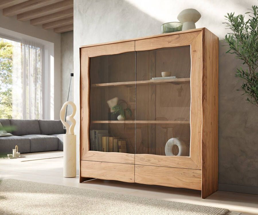 DELIFE Vitrinekast Live-Edge acacia natuur 140x150 cm 2 deuren 2 laden massief Highboard