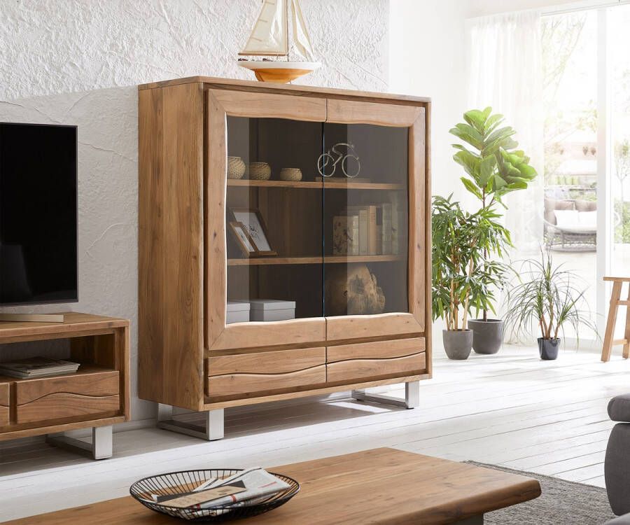 DELIFE Vitrinekast Live Edge acacia natuur 140x150 cm 2 deuren 2 laden rechte rand