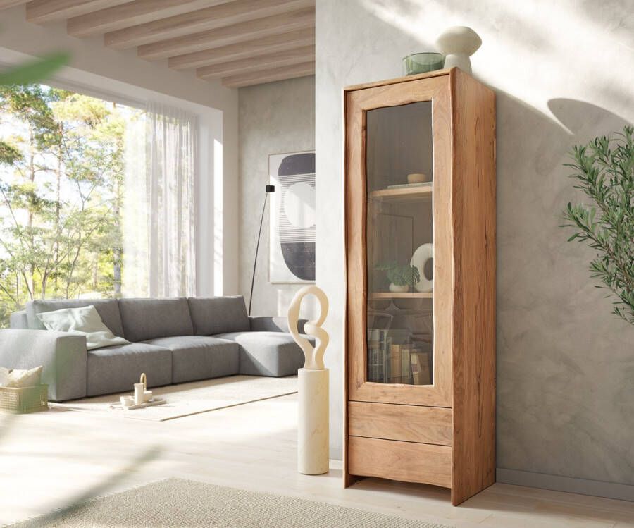DELIFE Vitrinekast Live Edge acacia natuur 60x190 cm 1 deur 2 laden massief highboard
