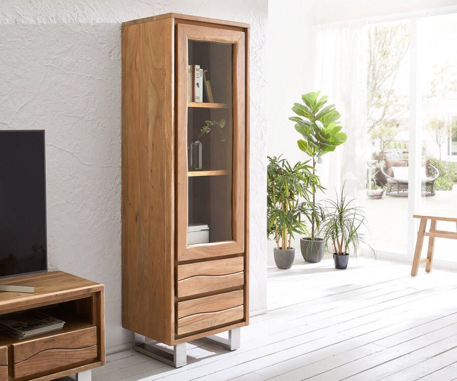 DELIFE Vitrinekast Live Edge acacia natuur 60x190 cm 1 deur 2 laden rechte rand