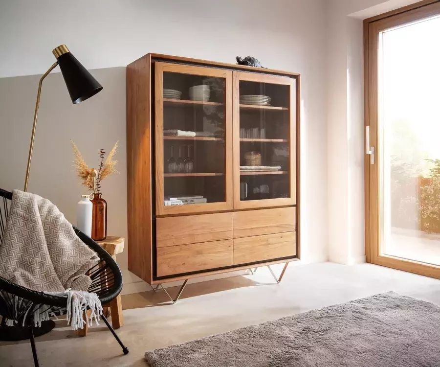 DELIFE Vitrinekast Stonegrace 120x150 Acacia natuur 2 deuren 4 laden steenfineer V-voet