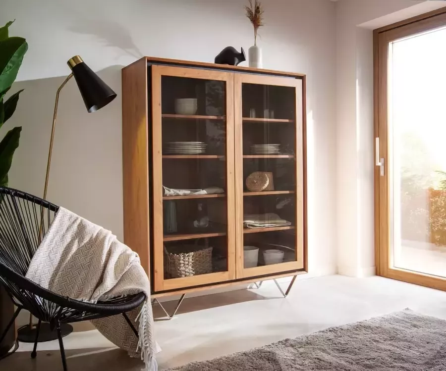 DELIFE Vitrinekast Stonegrace 115x150 Acacia natuur 2 deuren steen fineer V-voet