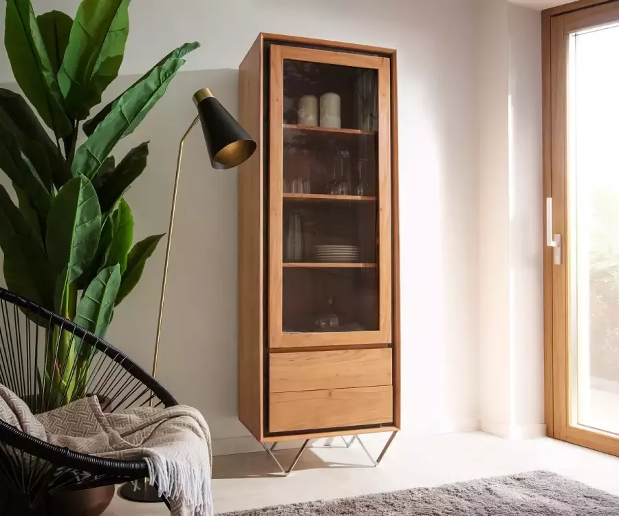 DELIFE Vitrinekast Stonegrace 60x175 Acacia natuur 1 deur 2 laden steen fineer V-voet