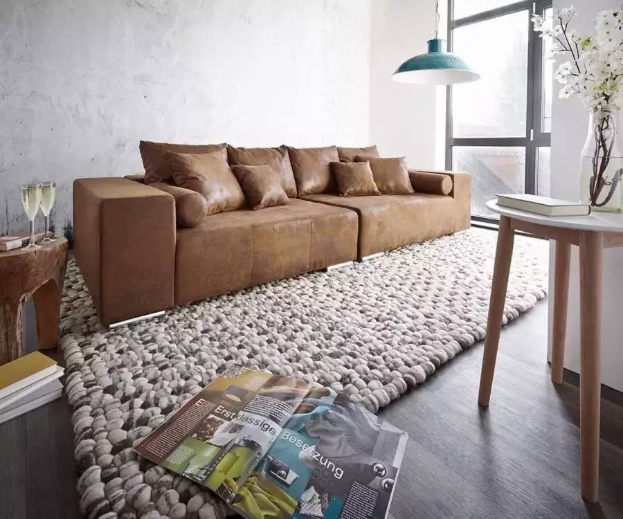 DELIFE XXL-Bank Marbeya bruin 285x115 cm antiek optiek hocker en kussen