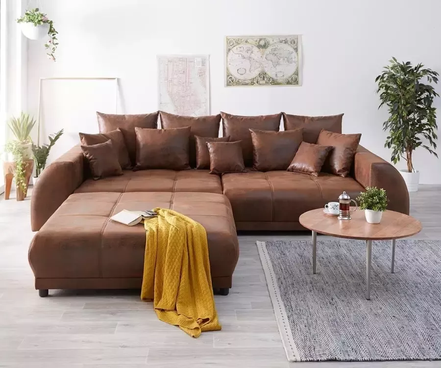 DELIFE XXL Bank Violetta Bruin 310x135 cm Antiek Optiek Inclusief poef kussens Grote bank