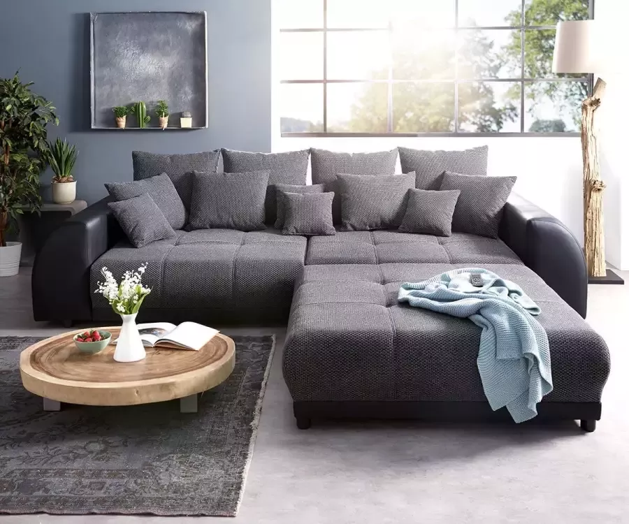 DELIFE XXL-bank Violetta zwart 310x135 cm inclusief hocker en kussen XXl-Bank