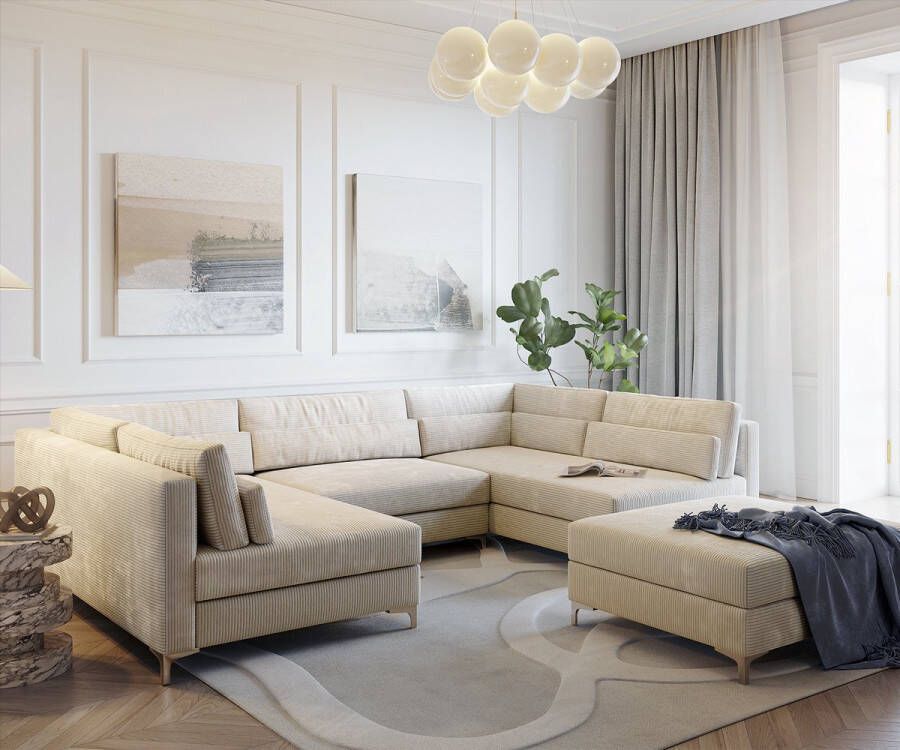 DELIFE Zitbank Elio 300x185 cm beige met hocker woonlandschap