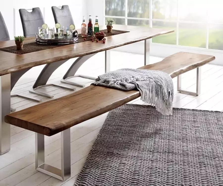 DELIFE Zitbank van massief hout Live-Edge Acacia Bruin 255x40 Frame Bank smal boomrand massief hout