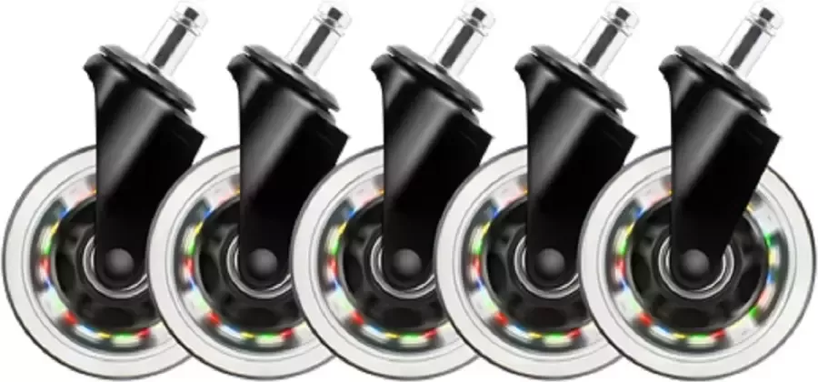 Deltaco Gaming 3' RGB verlichte wielen voor Gamestoelen Universeel 5 stuks 3 Inch Rubberen Bureaustoelwieltjes Rainbow RGB verlichting door beweging Geschikt voor de meeste Gaming en Bureau Stoelen Zwart