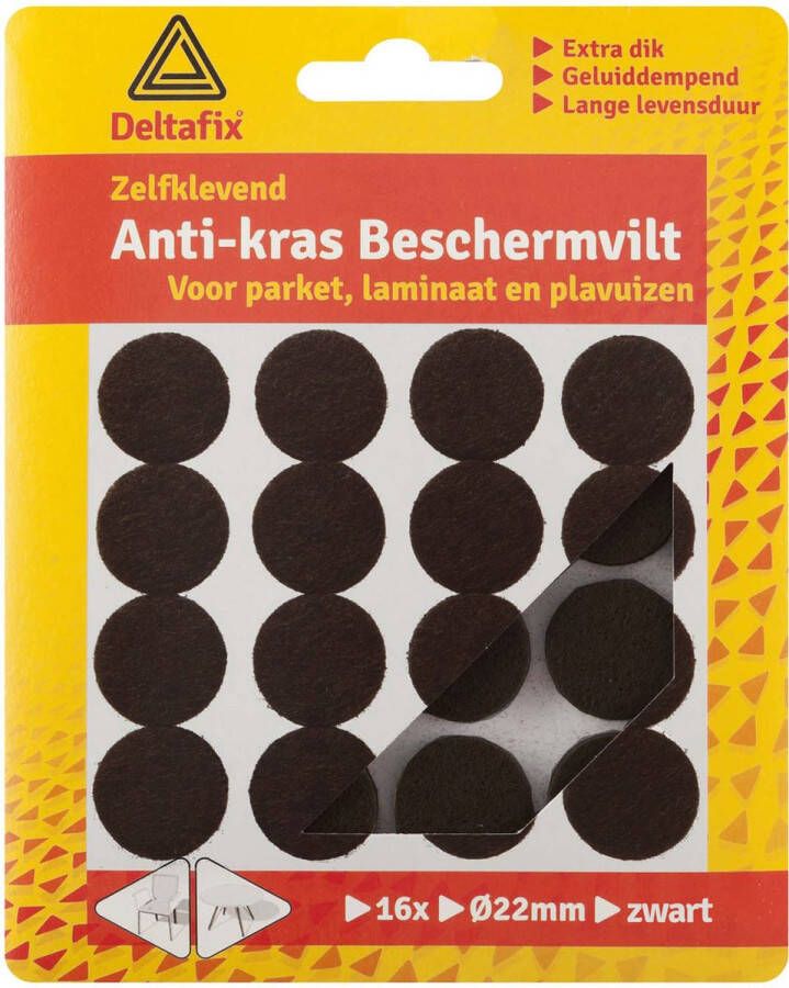 Deltafix Anti-krasvilt 16x zwart 22 mm rond zelfklevend meubel beschermvilt Meubelviltjes
