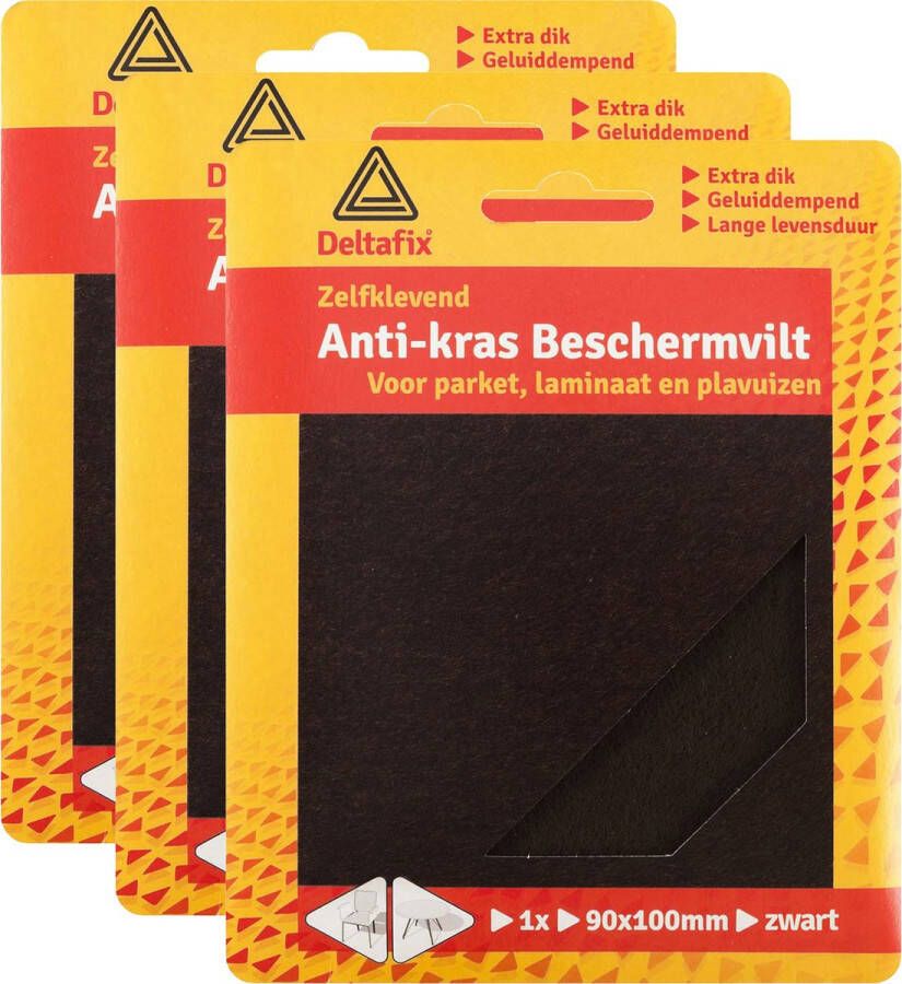 Deltafix Anti-krasvilt 3x knipvel zwart 90 x 100 mm rechthoek zelfklevend meubel beschermvilt