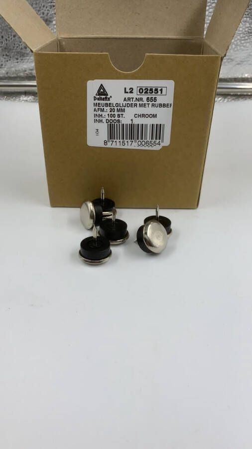 Deltafix . Meubelglijder met rubber. 20 mm. per 100 stuks. Chroom