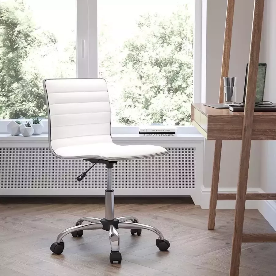 Deluxe HB Bureaustoel Wit Zinaps Designer Lage back office-stoel bureaustoel zonder armen geribbelde stoel met vinylvulling Perfect voor thuiskantoor of kantoor wit (WK 02130)