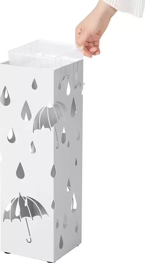 Deluxe Home paraplubak van metaal vierkante paraplubak verwijderbare wateropvangbak met haak 15 5 x 15 5 x 49 cm wit