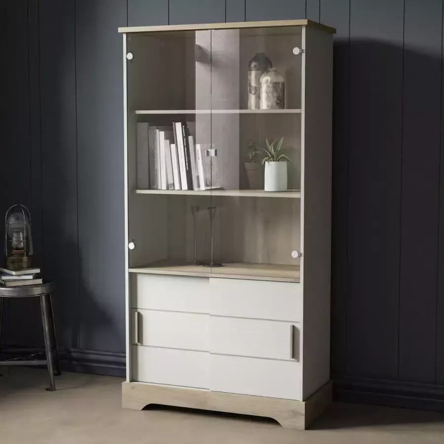 DEMEYERE Belfurn Vitrinekast Cottage 93x180cm met 2 glasdeuren en 2 schuifdeuren in kronberg eik en wit