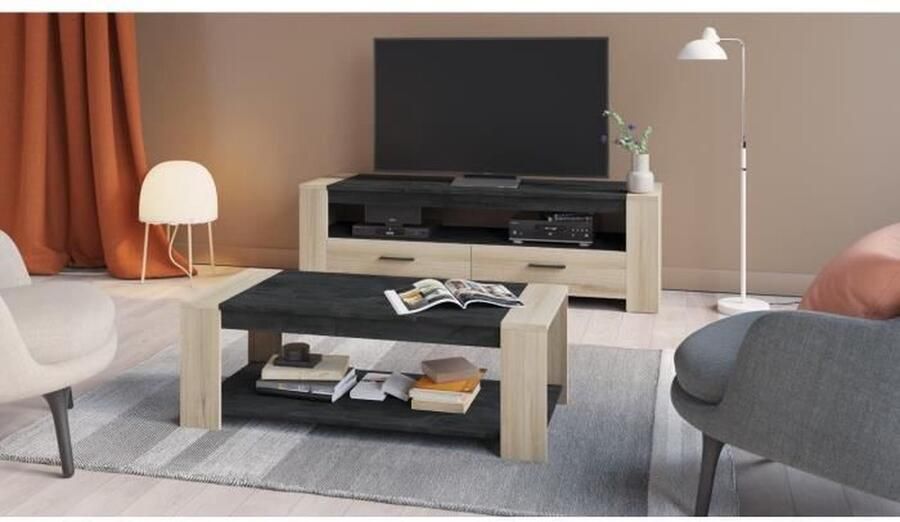 DEMEYERE SHEFFIELD woonkamerset bestaande uit: Dubbele salontafel boven en onder + TV-meubel met 2 laden