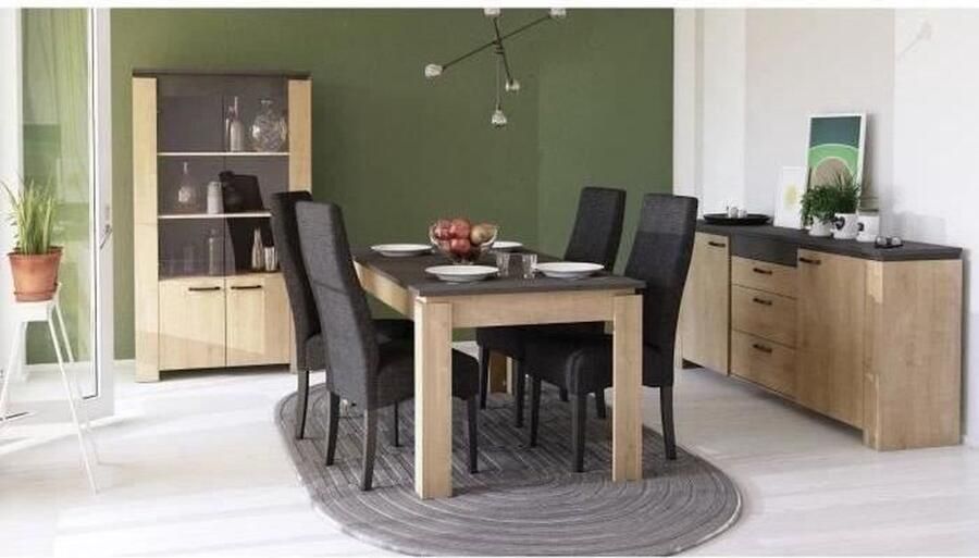 DEMEYERE Woonkamerset AUSTIN Eetkamertafel 170x90 cm Vitrine 2-deurs dressoir Hamilton eik en grijs