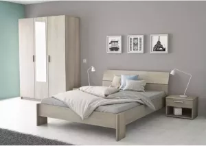 DEMEYERE PRICY Bedset 140x190 cm + kledingkast 3 deuren + 2 nachtkastjes Eiken en Shannon decor