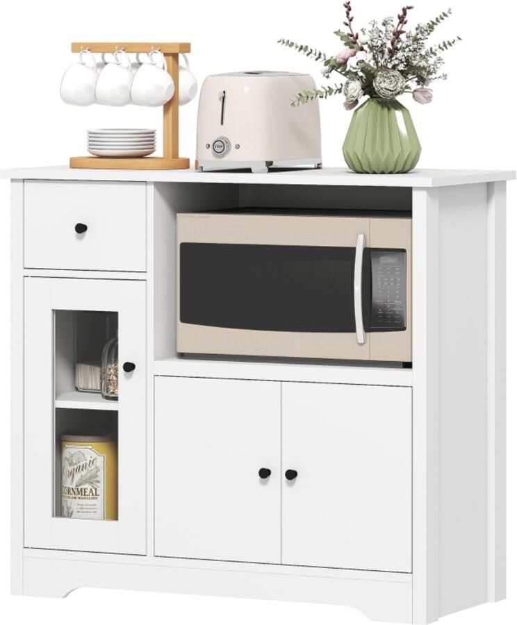 DENMOSTY Keukenkast Sideboard met Microgolfplank Magnetronkast met 3 Deuren Lade Verstelbare Planken Opbergkast voor Keuken Eetkamer Woonkamer Wit