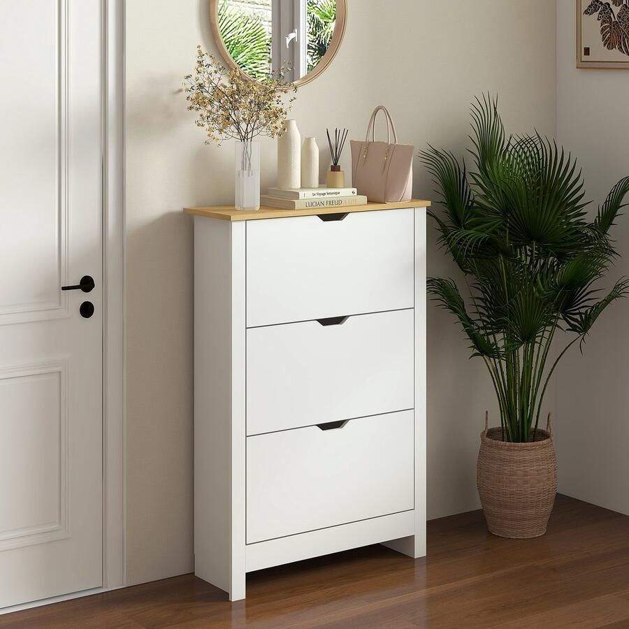 DENMOSTY Schoenenkast met 3 deuren voor 18 paar schoenen ruimtebesparend in wit en natuur 72 x 26 x 112 cm voor gang en entree