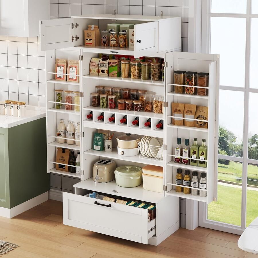 DENMOSTY Vrijstaande opbergkast 180 cm met verstelbare planken lades wijnrek en deuren met interne schappen geschikt voor keuken eetkamer en woonkamer industriële stijl - Foto 1