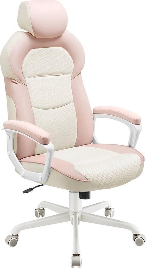 Denz Home Bureaustoel Gamingstoel computerstoel PU verstelbare hoofdsteun gevoerde armleuningen kantelfunctie tot 150 kg belastbaar pastelroze wit roze