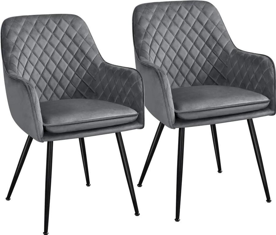 Denz Home Eetkamerstoel fauteuil gestoffeerde stoel met armleuningen metalen poten fluwelen bekleding zitbreedte 44 cm max. 120 kg voor studeerkamer woonkamer slaapkamer set van 2 donkergrijs