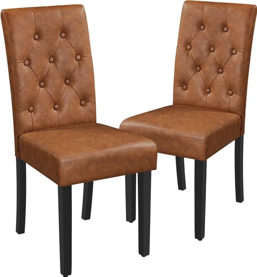 Denz Home Eetkamerstoelen met hoge rugleuning massief houten poten kunstleer retro bruin set van 2