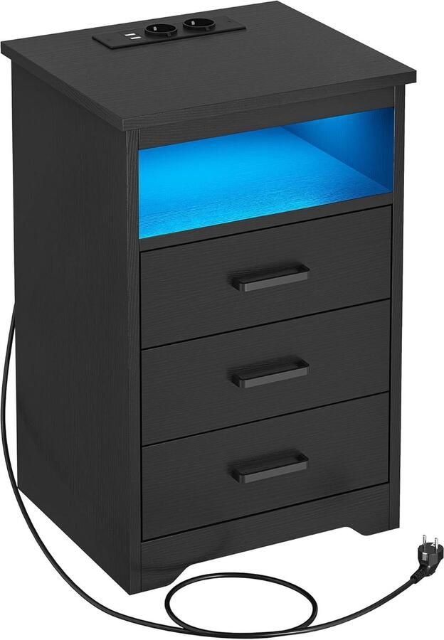 Denz Home Nachtkastje met ledverlichting 35 x 40 x 60 cm- 2 Stopcontacten 2 USB Poorten Modern Laadstation Opbergruimte Voor Slaapkamer en Woonkamer Zwart