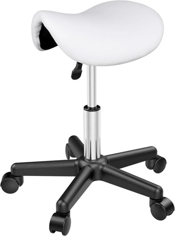 Denz Home Zadelkruk met Wielen – Verstelbare Werkplaatskruk Draaiende Kruk voor Praktijk Kantoor en Werkplaats Wit