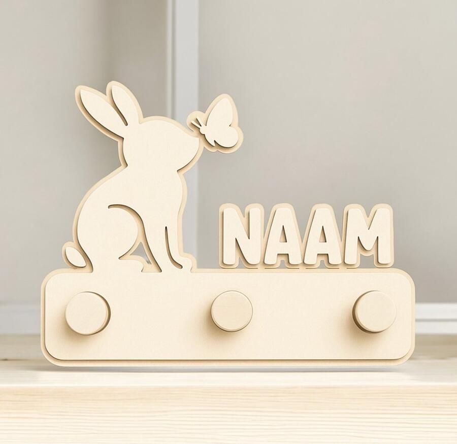 Design2Laser KinderKapstok Hout Kinderkamer – Wandkapstok Babykamer met Eigen Naam – Konijn kapstok – Origineel Kraamcadeau Verjaardagcadeau Baby Kind