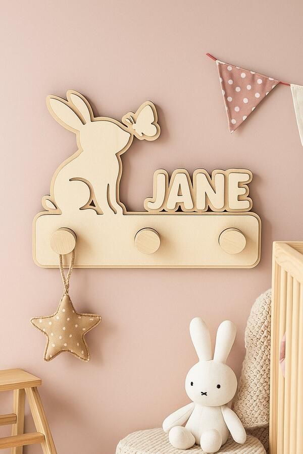 Design2Laser KinderKapstok Hout Kinderkamer – Wandkapstok Babykamer met Eigen Naam – Konijn kapstok – Origineel Kraamcadeau Verjaardagcadeau Baby Kind - Foto 2