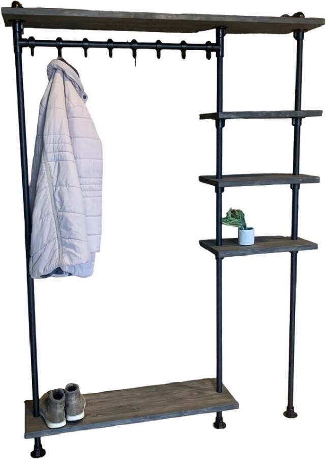 Design85 Wandkapstok Industrieel 140×28×205 cm Zwarte Steigerbuizen & Vurenhouten Planken “Glinstering” - Foto 2