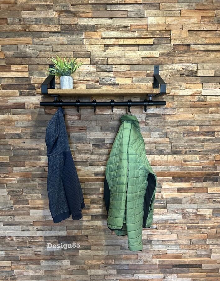 Design85 Wandkapstok met hout – Fors 80 cm breed– 6 Haken legplank met bruine Wax - Foto 2