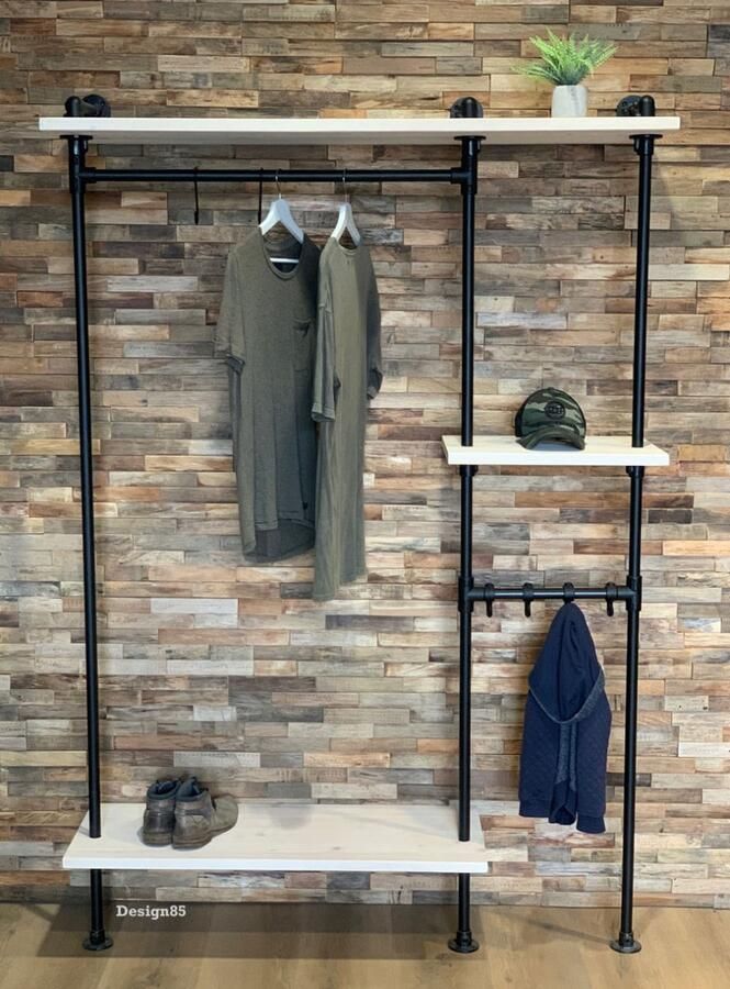 Design85 Kapstok Parade – Industrieel Zwart – 140x40x205 cm – Steigerbuis – Met Kinderstang & Planken