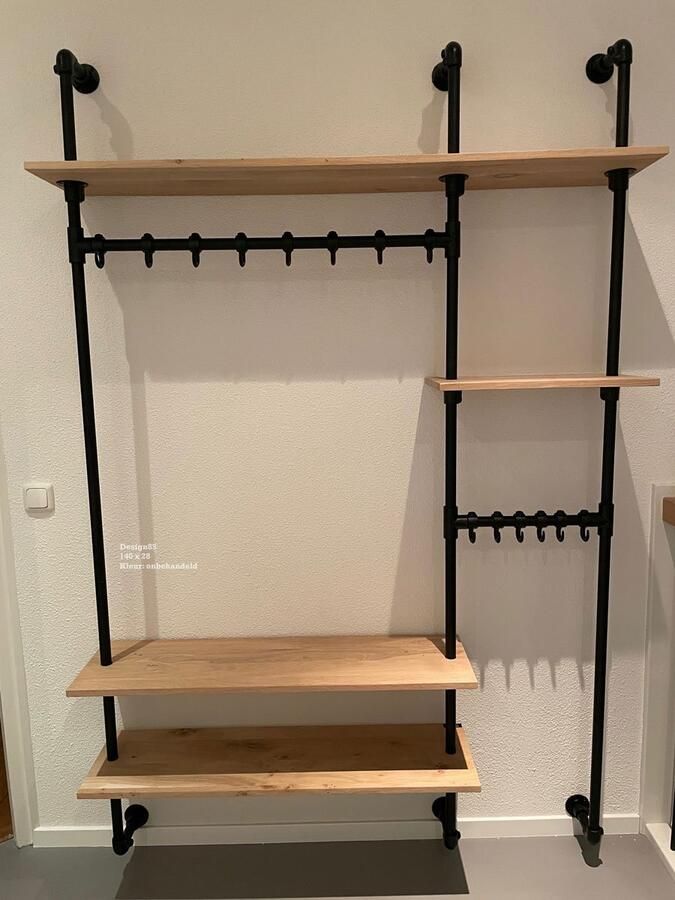 Design85 Industriële Wandkapstok “Stralend” 140 cm Breed Eikenhout & Zwart Staal