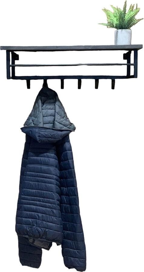 Design85 Kapstok Small Industriële Kapstok Small – 65×28 cm Wandkapstok met 5 haken & houten plank