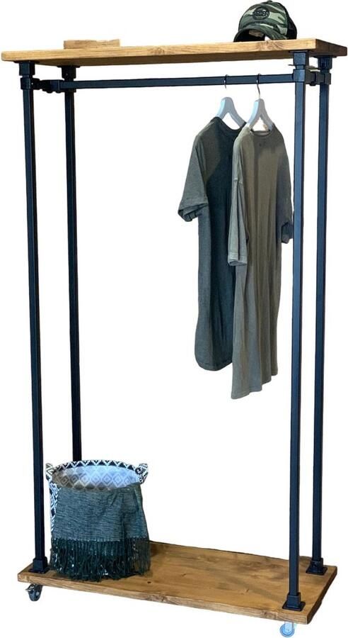 Design85 Kledingrek Hout Vierkant 80 cm Breed 1 stuk Met Wielen en Bruine Wax