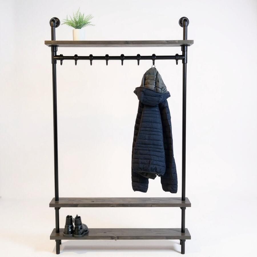 Design85 Wandkapstok – Pracht 100cm breed x 20cm diep– 8 haken Zwarte Wax legplanken