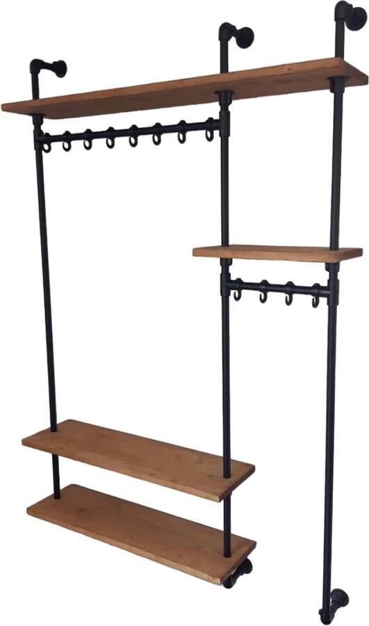 Design85 wandkapstok – Fonkeling 140cm breed x 28cm diep – 2 onderschappen legplanken Bruine wax– 8 om 4 haken