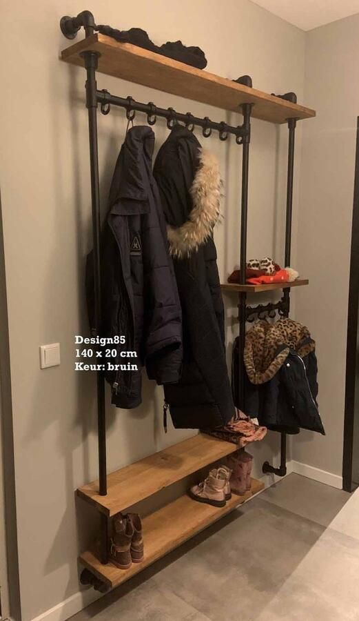 Design85 wandkapstok – Fonkeling 140cm breed x 28cm diep – 2 onderschappen legplanken Bruine wax– 8 om 4 haken - Foto 2