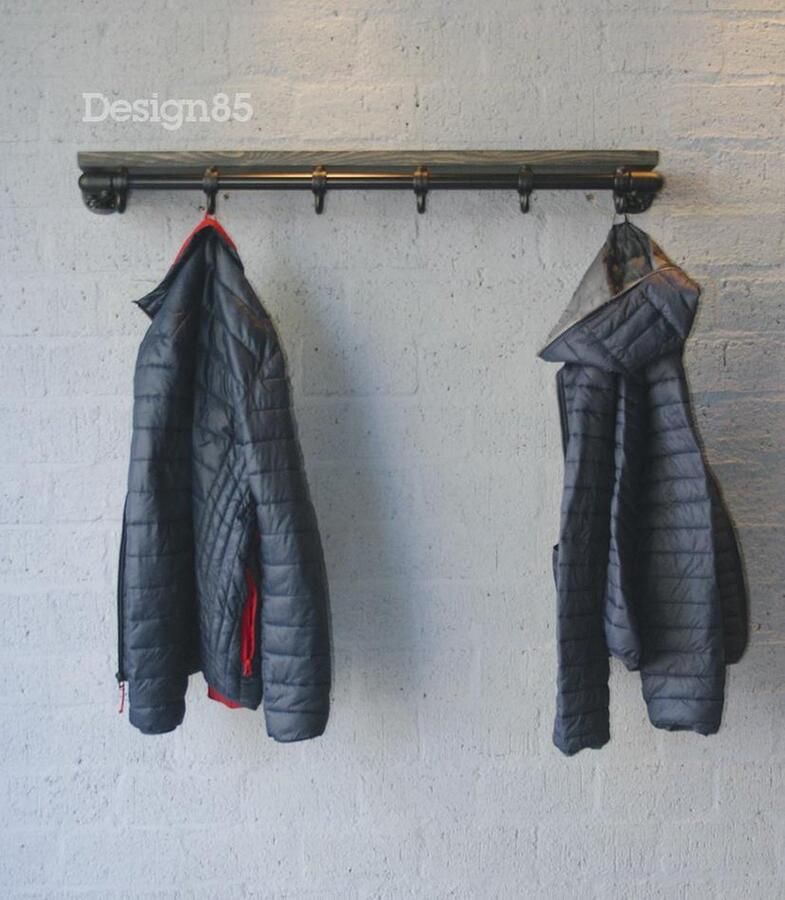 Design85 wandkapstok met hoedenplank Basic – 70 cm breed en 30 cm diep – Vurenhouten legplank in zwarte wax – 6 Haken