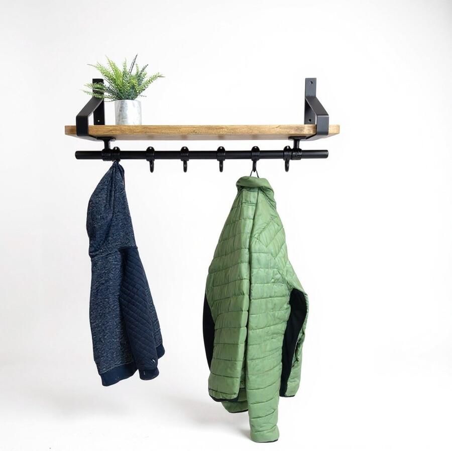 Design85 Wandkapstok met hout – Fors 80 cm breed– 6 Haken legplank met bruine Wax