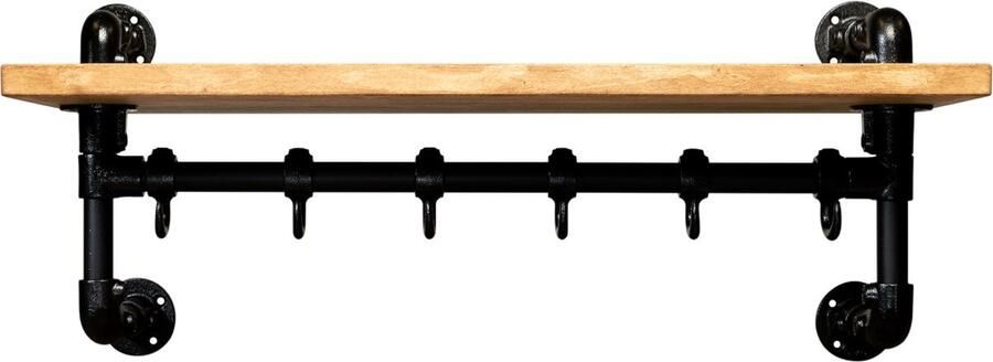 Design85 Wandkapstok met hoedenplank- 80 cm breed en 28 cm diep 6 Haken legplank voorzien van de bruine wax