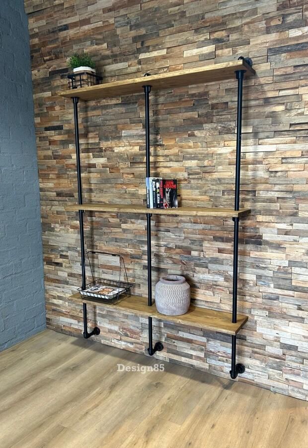 Design85 Wandkast Industrieel 140 cm Steigerbuis & Hout Robuust Design