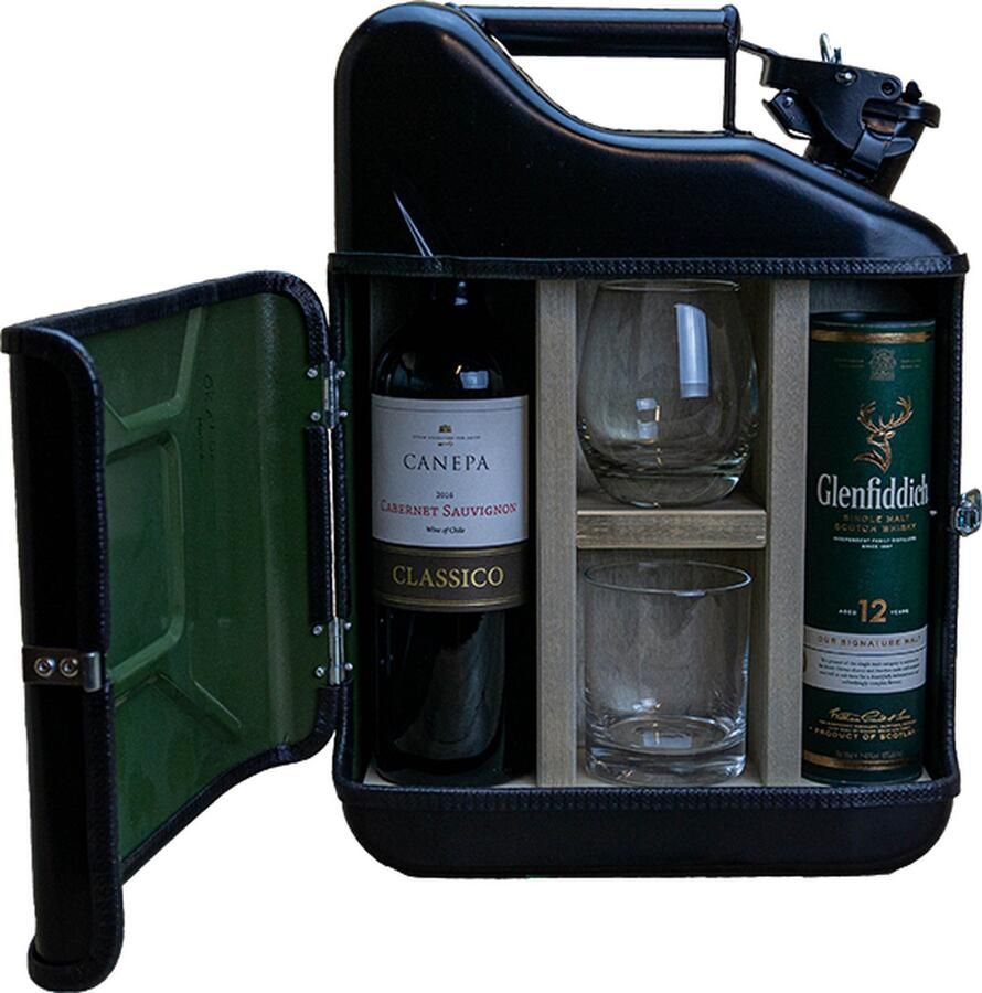 Designed by Man His & Hers Giftset Zwart Stijlvolle jerrycan Uniek cadeau voor koppels Geschenkset voor hem en haar Zwart