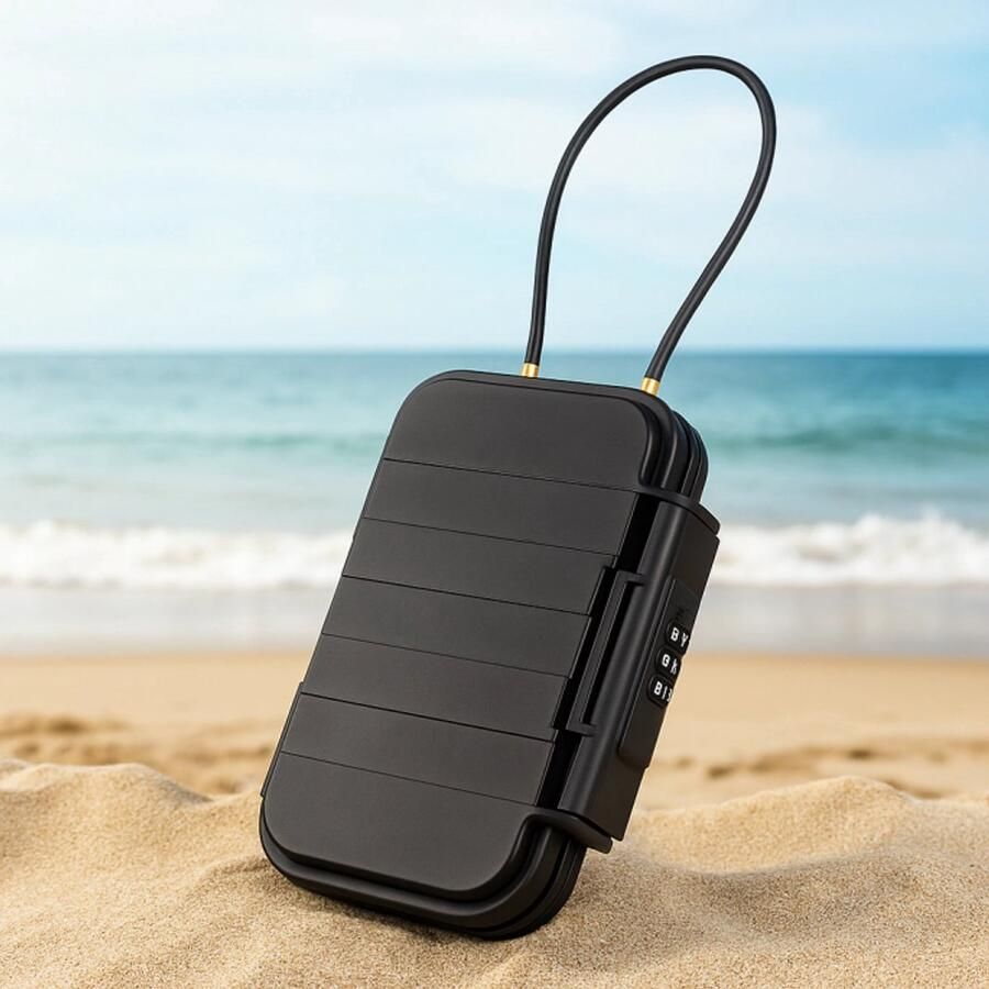 Designed By Man Strandkluis – Waterdichte Sleutelbox – Zwart – 235x141x58mm – Met Resetbare Cijferslot – Veilig Opbergen voor Sleutels Pasjes en Waardevolle Spullen – Ideaal voor Strand Zwembad en Outdoor Activiteiten