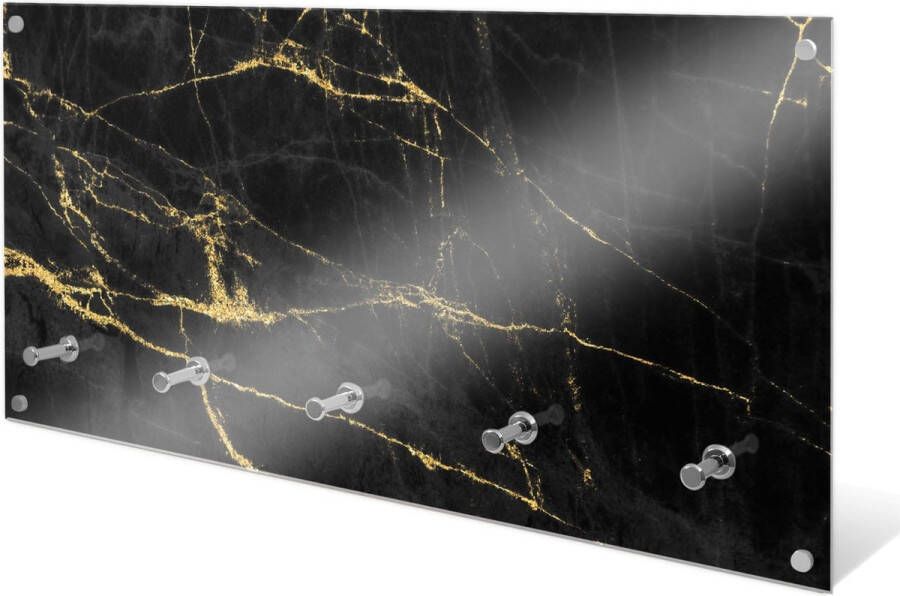 Designglas Wandkapstok Gehard glas 5 Haken Zwart-goud marmer 80x40cm